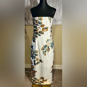 Commense Strapless Dress with Blue and Brown Floral Design